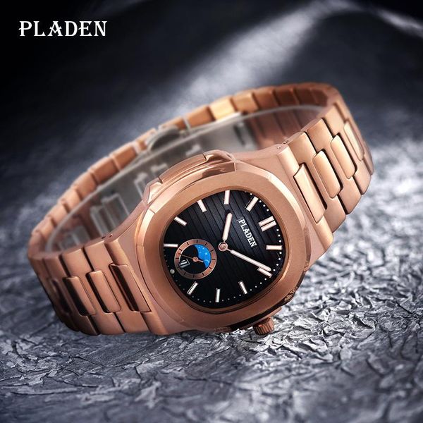 

wristwatches pladen reloj de marcas men stainless steel rose gold black dial watch with calendar high-end chronograph watches drop, Slivery;brown