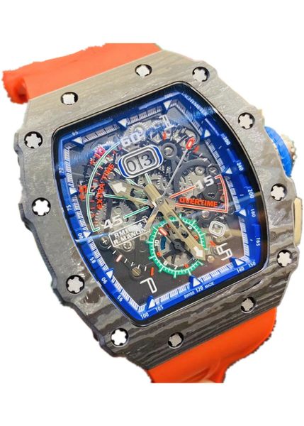 

zy rm11-04 watch size 40x50x16mm with automatic mechanical movement blue light mirror unique hollow dial luminous hands rubber strap folding