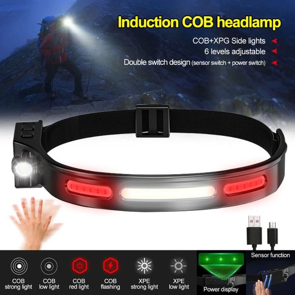 

headlamps powerful induction cob headlamp usb charging led headlight red warn light power display head running riding camping