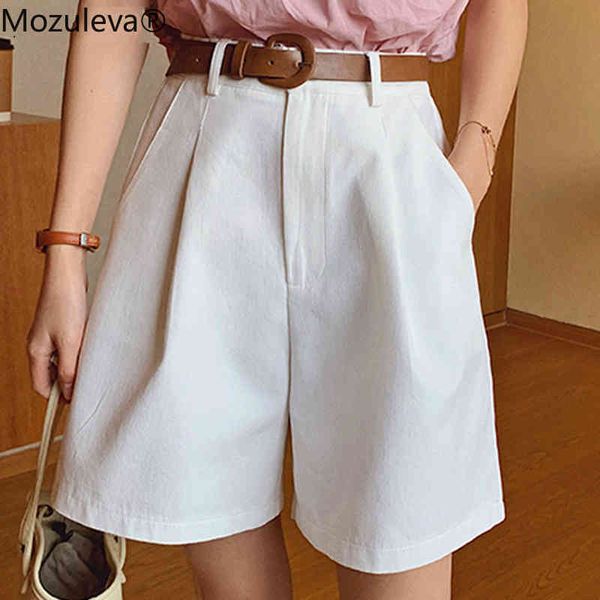 

summer high waist belted sashes suits shorts for women casual loose wide leg solid female short pants 210427, White;black