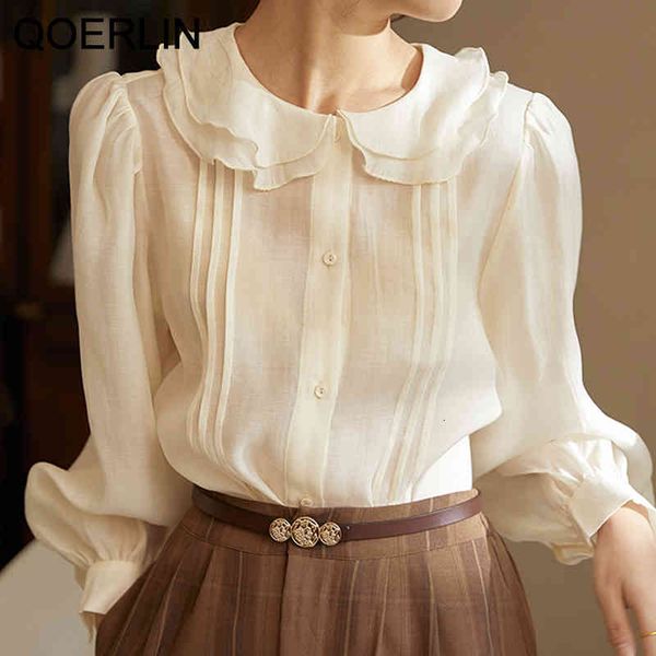 

blouses double-layer collar chiffon blouse spring summer long sleeve women shirt blusas see through white lady