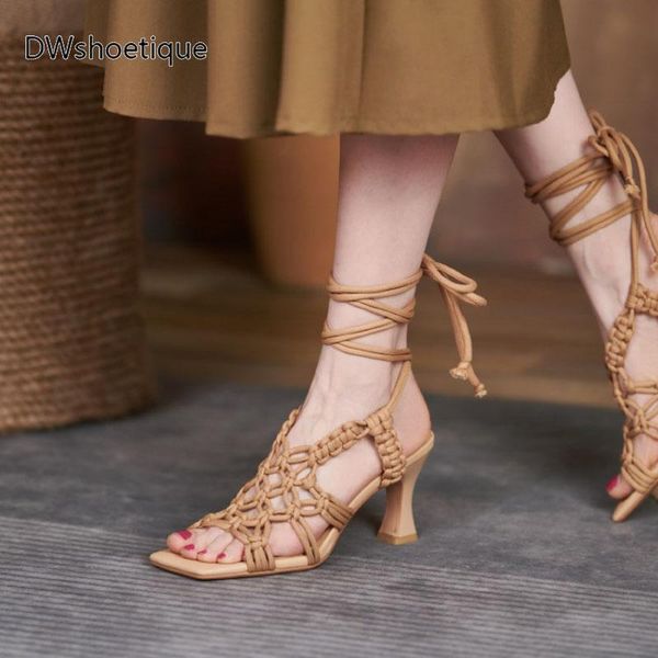 

dress shoes summer square toe woven women sandals thin heel lace up, Black