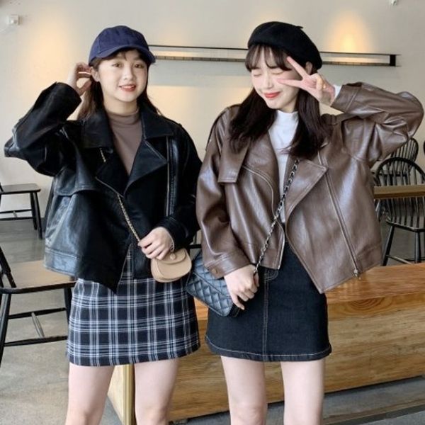 

black leather jacket women's spring and autumn 2021 new loose motorcycle small leather jacket