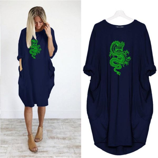 

plus size 5xl midi dress female harajuku chinese dragon print long sleeve o neck pocket casual loose party streetwear vestidos dresses, Black;gray