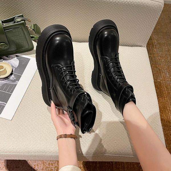 

boots lolita women's rubber shoes rain flat heel luxury designer round toe lace up boots-women med ladies fashion rock summer an, Black