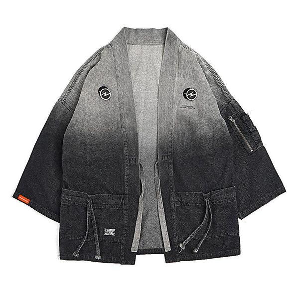 

men's trench coats kimono cardigan men japan style gradient open stitch three quarter loose denim, Tan;black