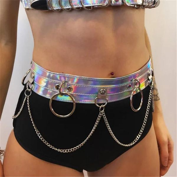 Saias Laser Holográfica PU Couro Correntes de Metal Tassel Mini Mulheres Sexy Bling Festival Curto Rasgar Roupas Party Party Clubwear