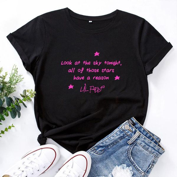 

women's t-shirt look at the sky tonight letter women o-neck cotton short-sleeved t shirts summer casual fashion camisetas mujer, White