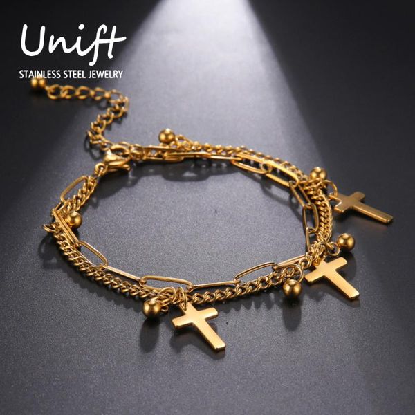 

unift 3 cross pendant double layers chain bracelets for women girls punk stainless steel religious charms fashion jewelry gifts link,, Black