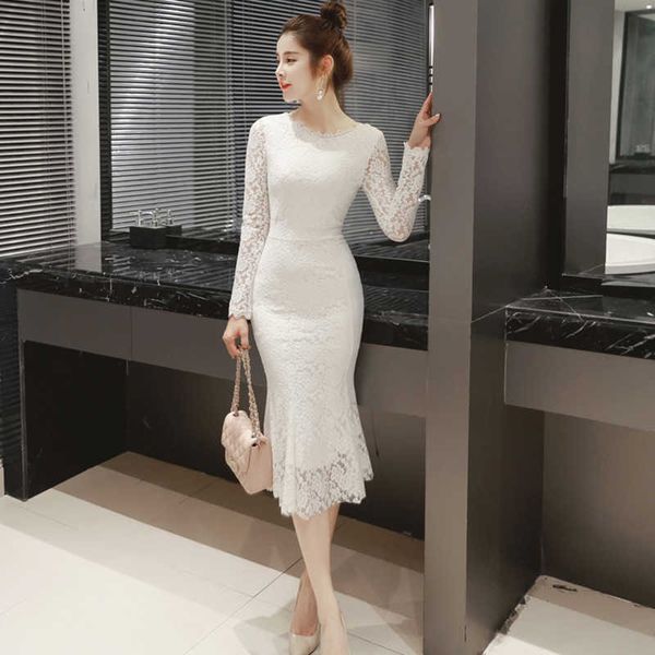 

womens vintage lace dress autumn elegant fitted bodycon long sleeve black white mermaid sheaht cocktail party dresses 210608, Black;gray