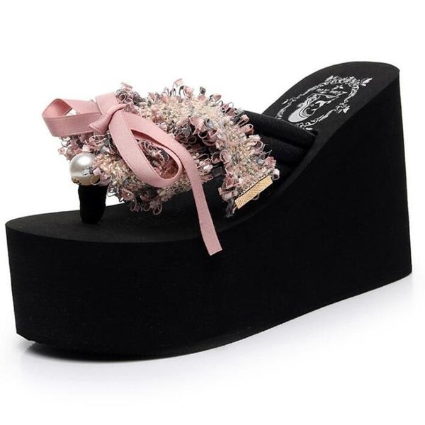 

slippers summer sandals women high heels chiffon bow super flip flops beach shoes thong wedge platform outdoor, Black