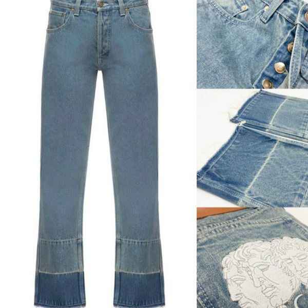

women's jeans trendy brand design patchwork color matching head embroidery logo pattern straight bobbin pants women, Blue