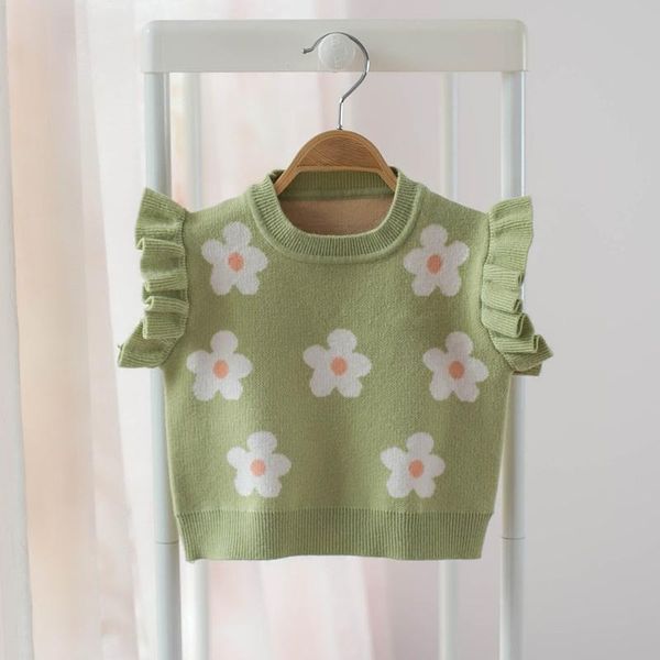 

vest autumn girls knitting fashion flower infant knit sweater spring baby clothes sleeveless knitwear jacket, Blue