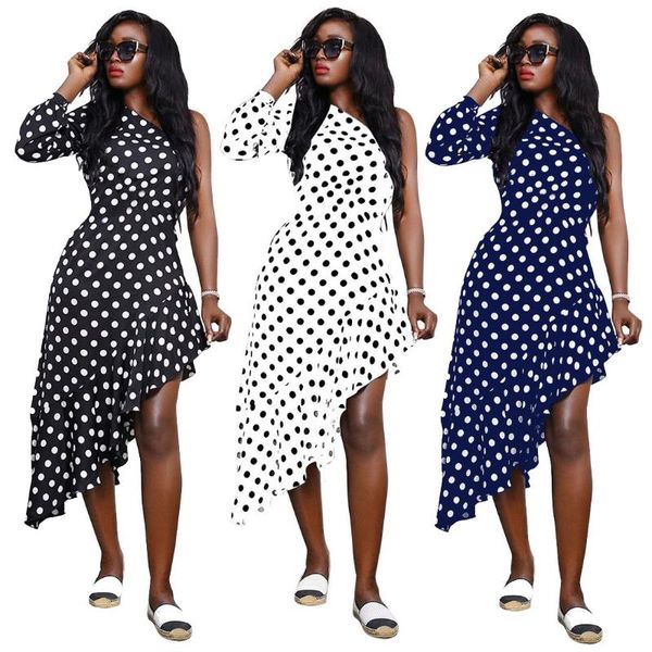 

casual dresses summer style ladies fashion polka dot one shoulder irregular pleated dress, Black;gray