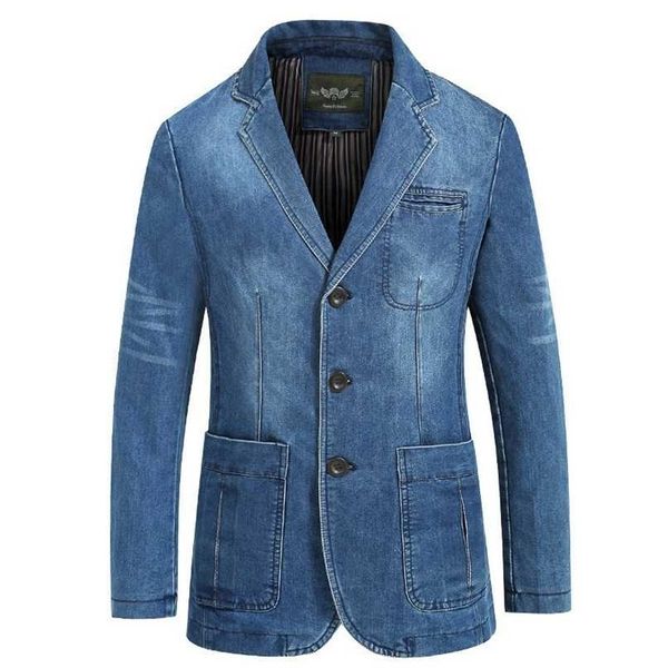 Marca denim jaqueta homens homens blazer slim apto militar único breasted colarinho colarinho jeans casaco mais tamanho xxxxl 211110