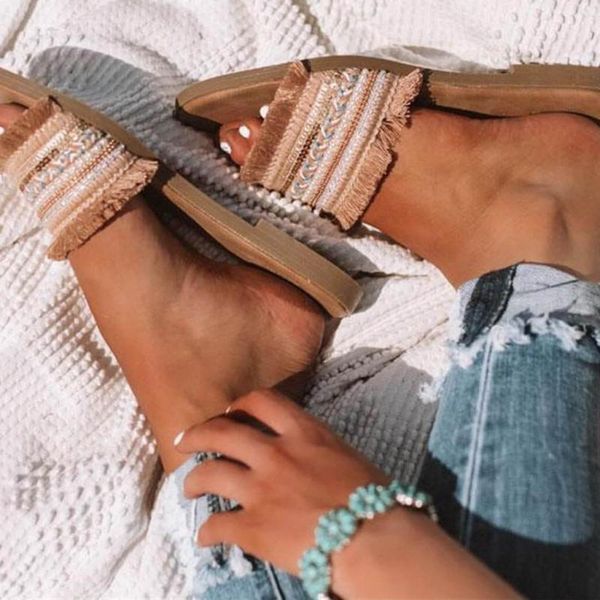 

slippers bohemian sandals women fur furry casual beach holiday ladies 2021 sun flat summer woman, Black