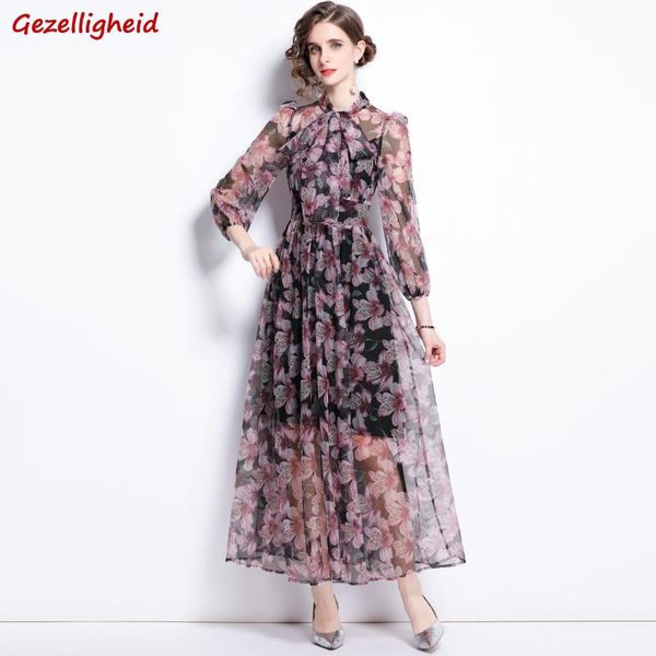 

casual dresses gezelligheid for women 2021 fashion elegant print bow mesh slim lantern sleeve luxury holiday boho beach midi dress, Black;gray