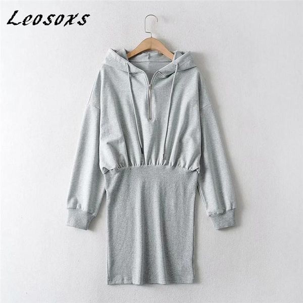 

leosoxs simple comfortable mid-length zipper hoodies dress women elegant solid all-match package hip dresses 2021 autumn casual, Black;gray
