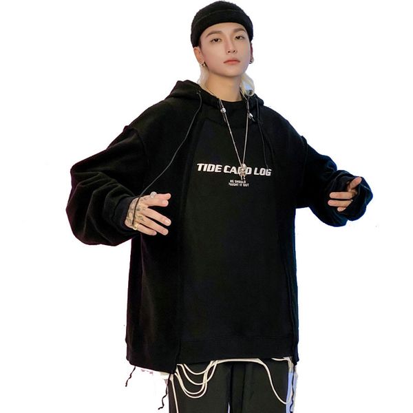 

men's jackets embroidery letter splice oversize pullover hooded velvet thick sweatshirt men women streetwear hip hop loose couple hoodi, Black;brown
