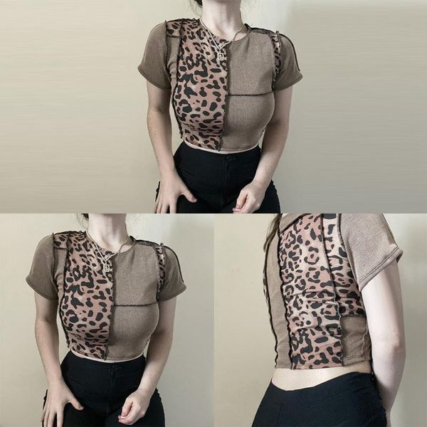 

women's t-shirt anti-car stitching leopard print round neck short base brown, White