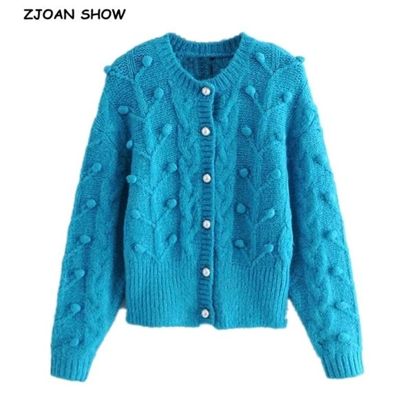 Cardigan lavorato a maglia vintage primaverile con palline 3D Maglione brutto retrò Donna Bottoni monopetto con perle Maglione corto a maniche lunghe 210429