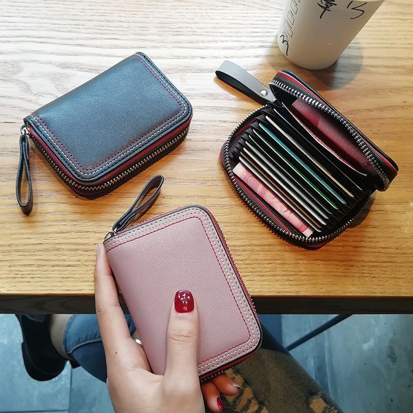 

70% off design hand real leather women's multi simple zipper card bag 2021 new personalized mini compact clip u03j, Brown;gray