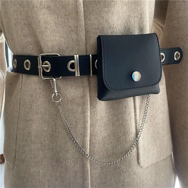 

belts punk silver pin buckle tassel chain belt black faux leather hollow rivet waist strap small phone pouch bag bar girl jean, Black;brown