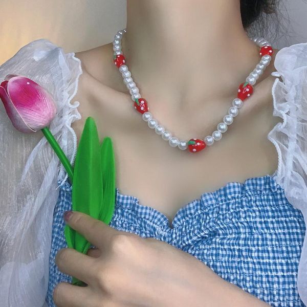 

chokers faux pearl beaded necklaces for women glazed strawberry choker collares korean fashion stylish kpop neck jewelry ms367, Golden;silver