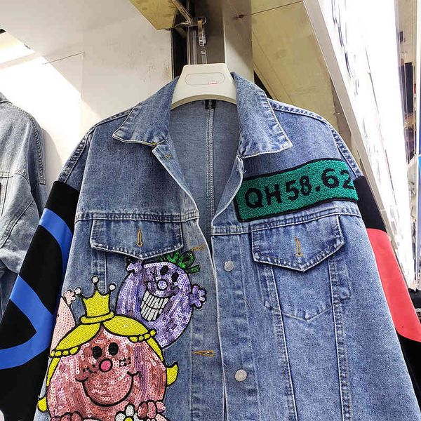 

women's jackets baggy, chic jean jacket, cowpoke coat with sequins and cartoons, work clothes, , 2m3i, Black;brown