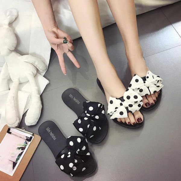 

slippers 2021 summer women's slippers, color matching, polka dot bow, flat wear, korean fairy style casual word recom, Black