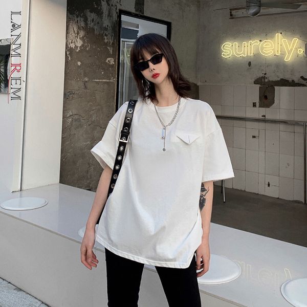 

women black white t-shirt round neck short sleeve pockets loose casual comfortable fashion trend summer 2e1284 210507