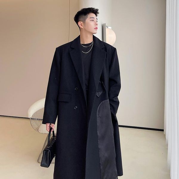 

men's wool & blends autumn and winter design sense satin stitching side split double layer woolen coat long knee loose, Black