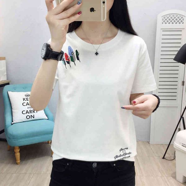 

women's t-shirt embroidery geometric t women new summer woman clothes cotton short sleeve casual female tee femme gfvd, White