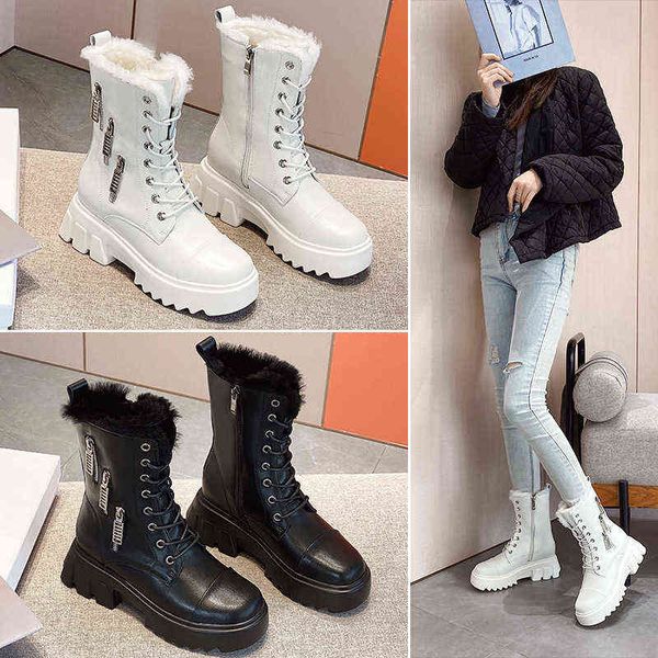 

female boots martin boot's 2022 autumn and winter leather thick soled fur integrated fashion korean medium tube snow boots, Black