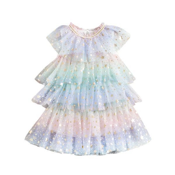 Mädchen Regenbogen Kuchen Schichten Kleider für Kinder Pailletten Stern Elegante Party Hochzeit Geburtstag Tutu Prinzessin Vestidos Kinder Kleidung Q0716