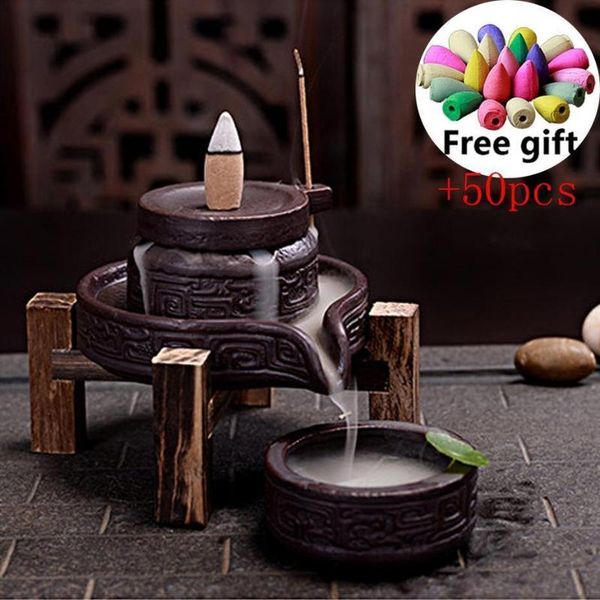 

three-piece suit backflow incense burner ceramic base with wooden frame & pots cones censer for home decor fragrance lamps