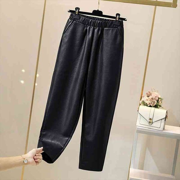 

pu leather haroun female high waist pants plus large size boyfriend for womens clothing panty trouser oversize d0352, Black;white