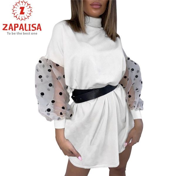

zapalisa black white winter dress women elegant puff long sleeve turtleneck mini bodycon polka dot print mesh patchwork casual dresses, Black;gray