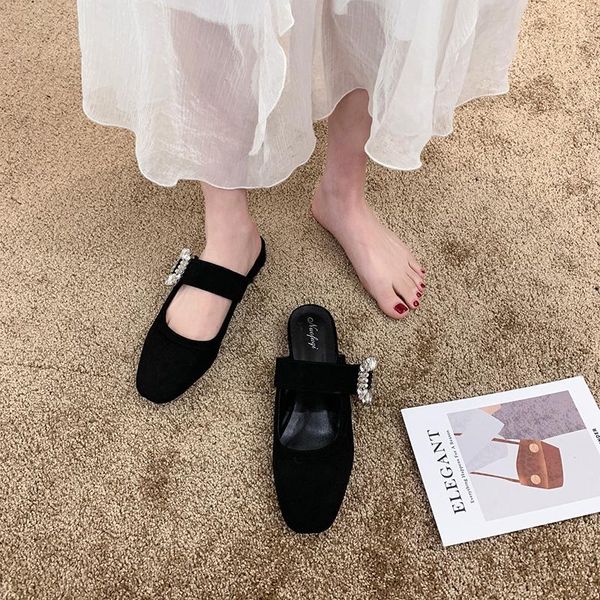

slippers crystal metal buckle black square toe flats low heels mules tender shoes woman comfy brief slides femme casual footwear