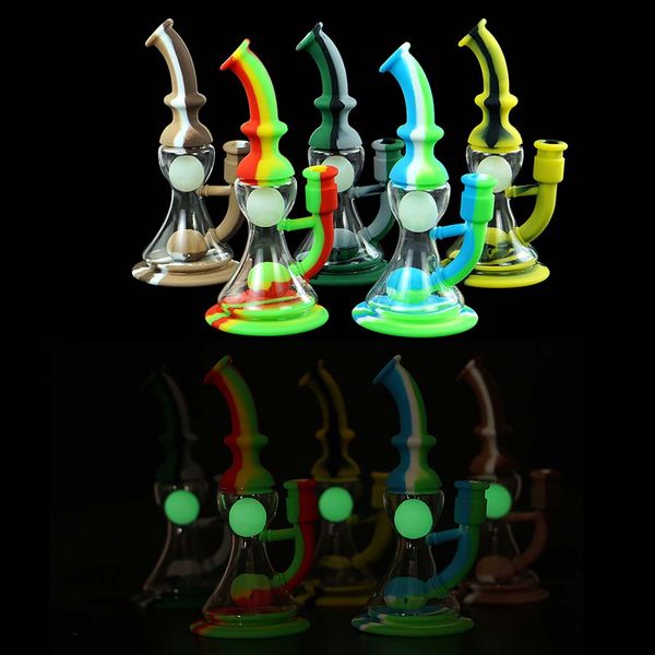 Glow in The Dark Shisha-Glasbongs, Silikon-Wasserpfeifen, Bubbler-Kugelrohr, hitzebeständig