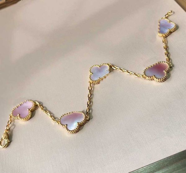 

s925 silver five flowers penant bracelet with pink shell for women wedding jewelry gift have stamp rhombus clasp ps4804, Golden;silver
