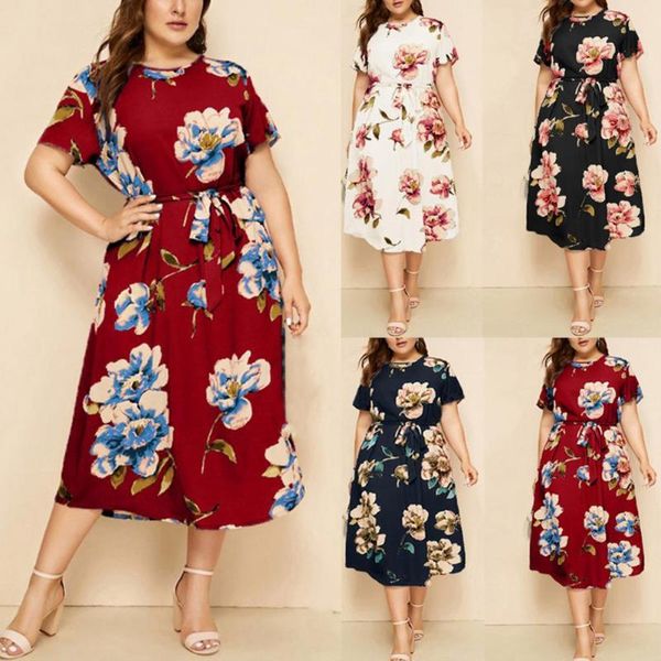 

casual dresses 2021 plus size dress fashion short sleeve breathable o neck women daily floral printe, Black;gray