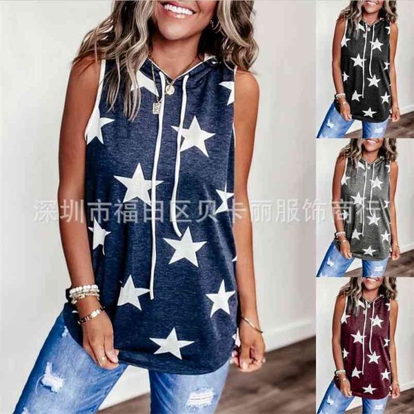 

women summer casual pentagram print hooded t-shirt loose sleeveless vest tshirt plus size 5xl gray black clothes 210517, White