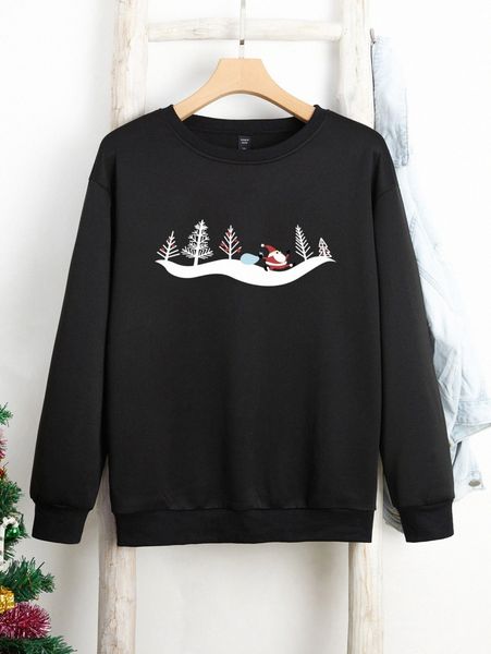 

plus christmas tree & santa claus print thermal pullover k9a8#, Black