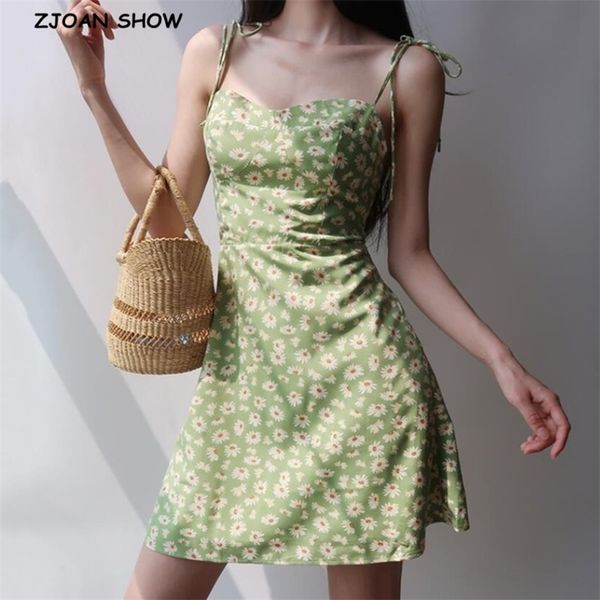 

summer green floral print bandage spaghetti strap dress retro women slim lacing up sling dresses holiday 210429, Black;gray