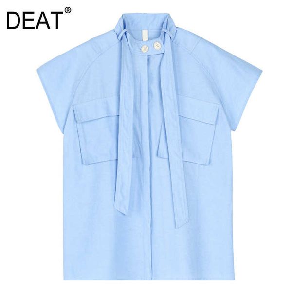 

[deat] summer fashion solid color short sleeve stand-up collar loose temperament casual women shirt 13q074 210527, White