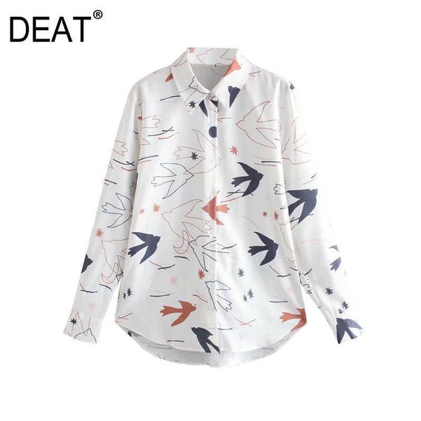 

[deat] summer fashion single-breasted printing long sleeve turn-down collar loose casual women shirt 13q120 210527, White