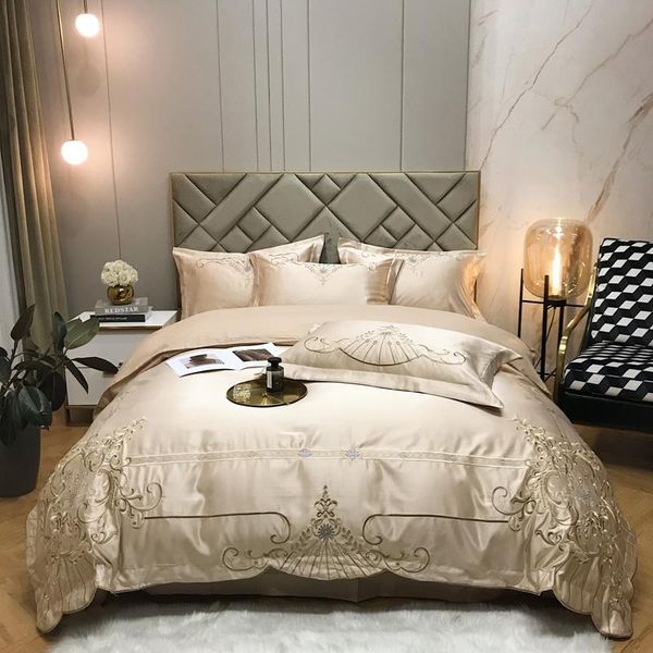 

bedding sets champagne gold satin cotton royal embroidery set soft silky double duvet cover bed linen fitted sheet pillowcases