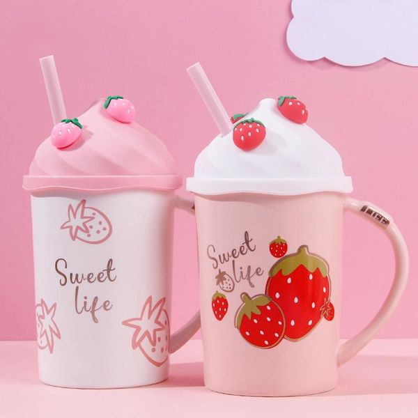 

kawaii strawberry ice cream ceramic cup mugs with lid straw cute 400ml coffee tea drinks dessert breakfast milk water gift