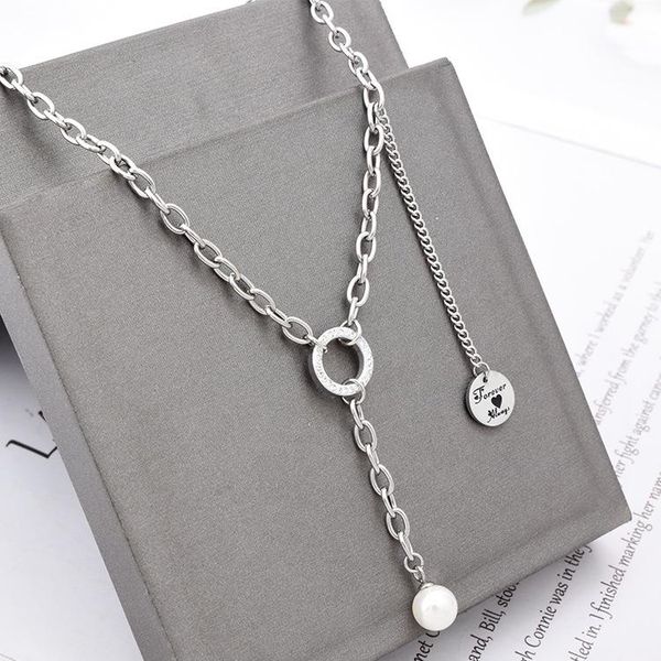 

chains simple casual style accessory chain stainless steel o-shaped 18k gold clavicle pearl pendant women jewelry, Silver